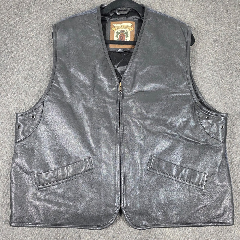 VTG Europe Craft Leather Wool Vest Mens Large Black Gray Quilted Lined‎ Full Zip